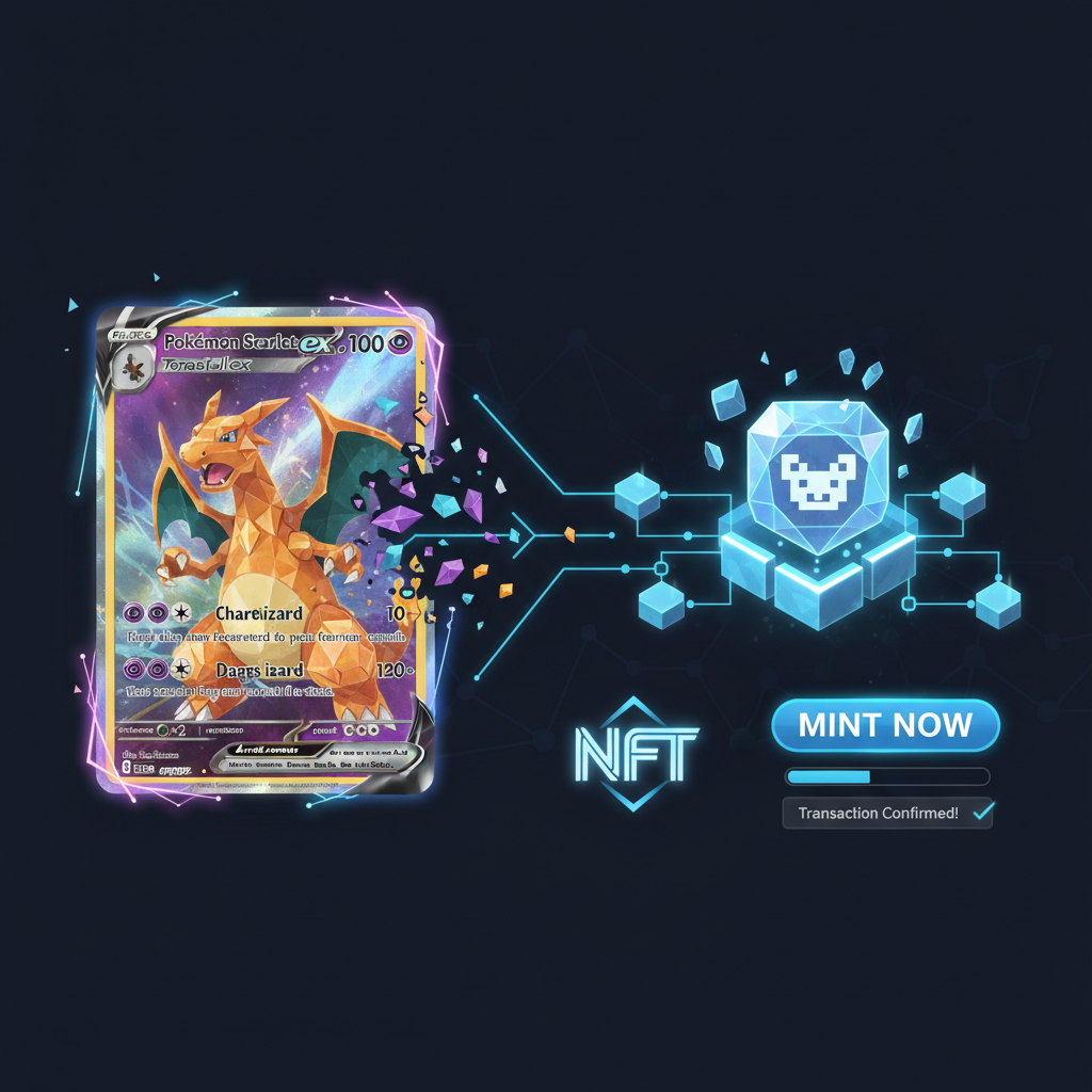 Pokémon Terastal ex card morphing into glowing NFT on blockchain, mint button animation