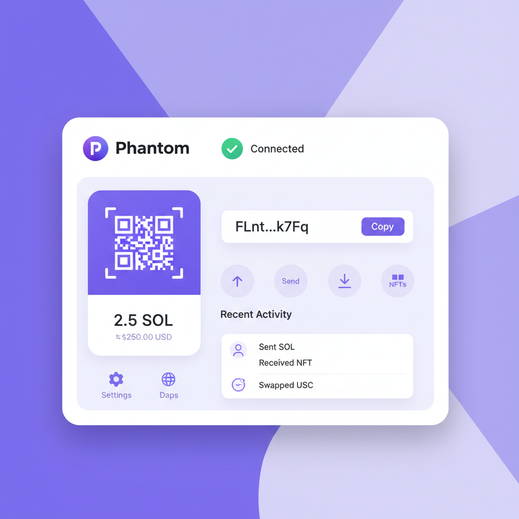 Phantom Solana wallet interface on desktop, connected to blockchain, clean UI, modern design