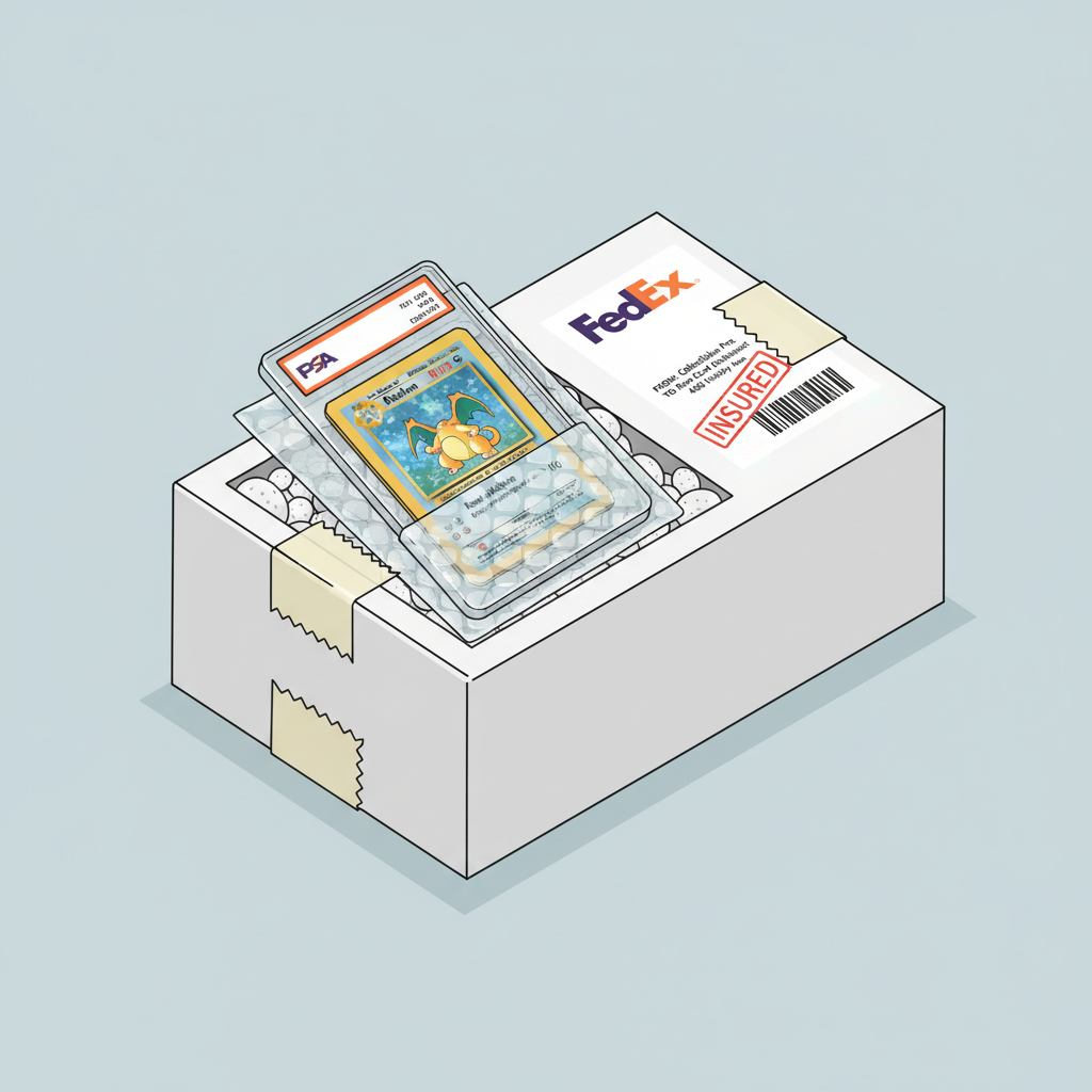 vintage Pokémon card in protective packaging inside insured FedEx box with shipping label, professional secure shipment style