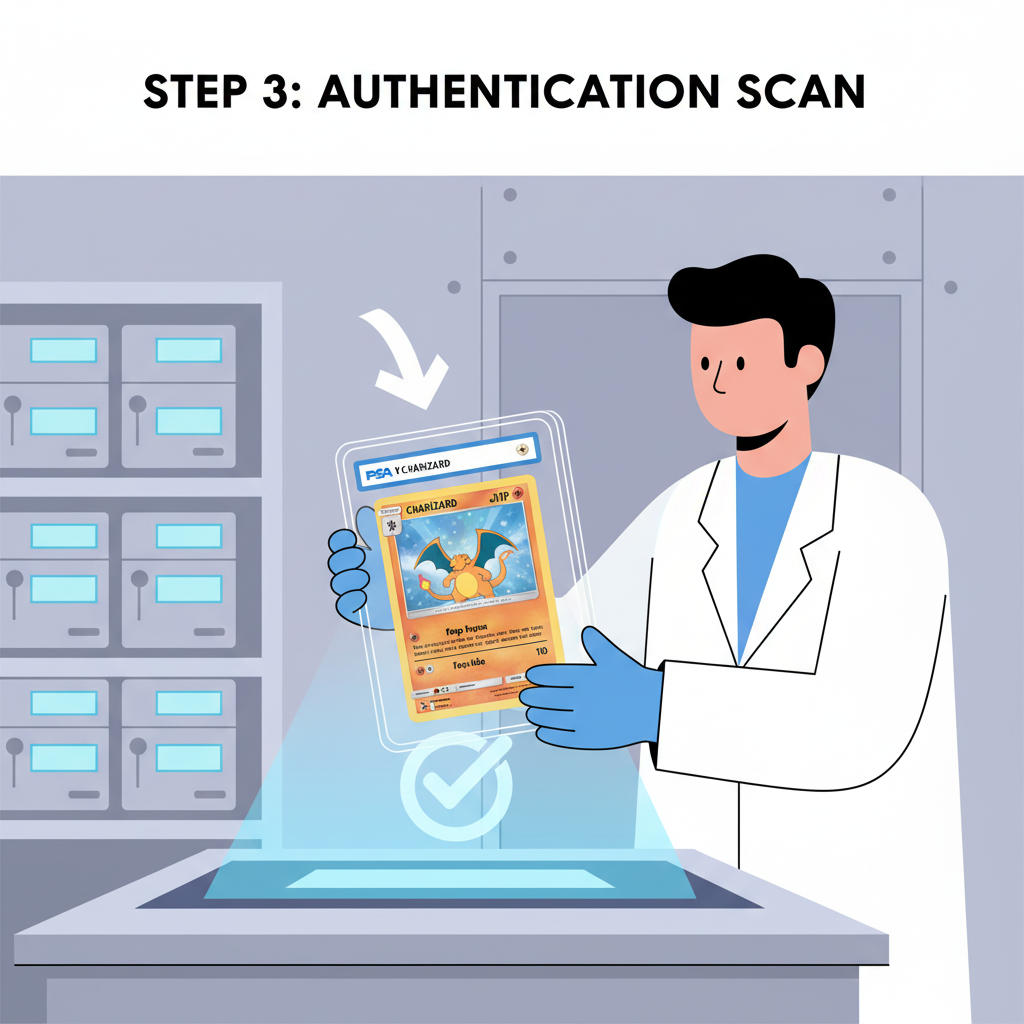 technician authenticating PSA Pokemon card slab in secure vault facility