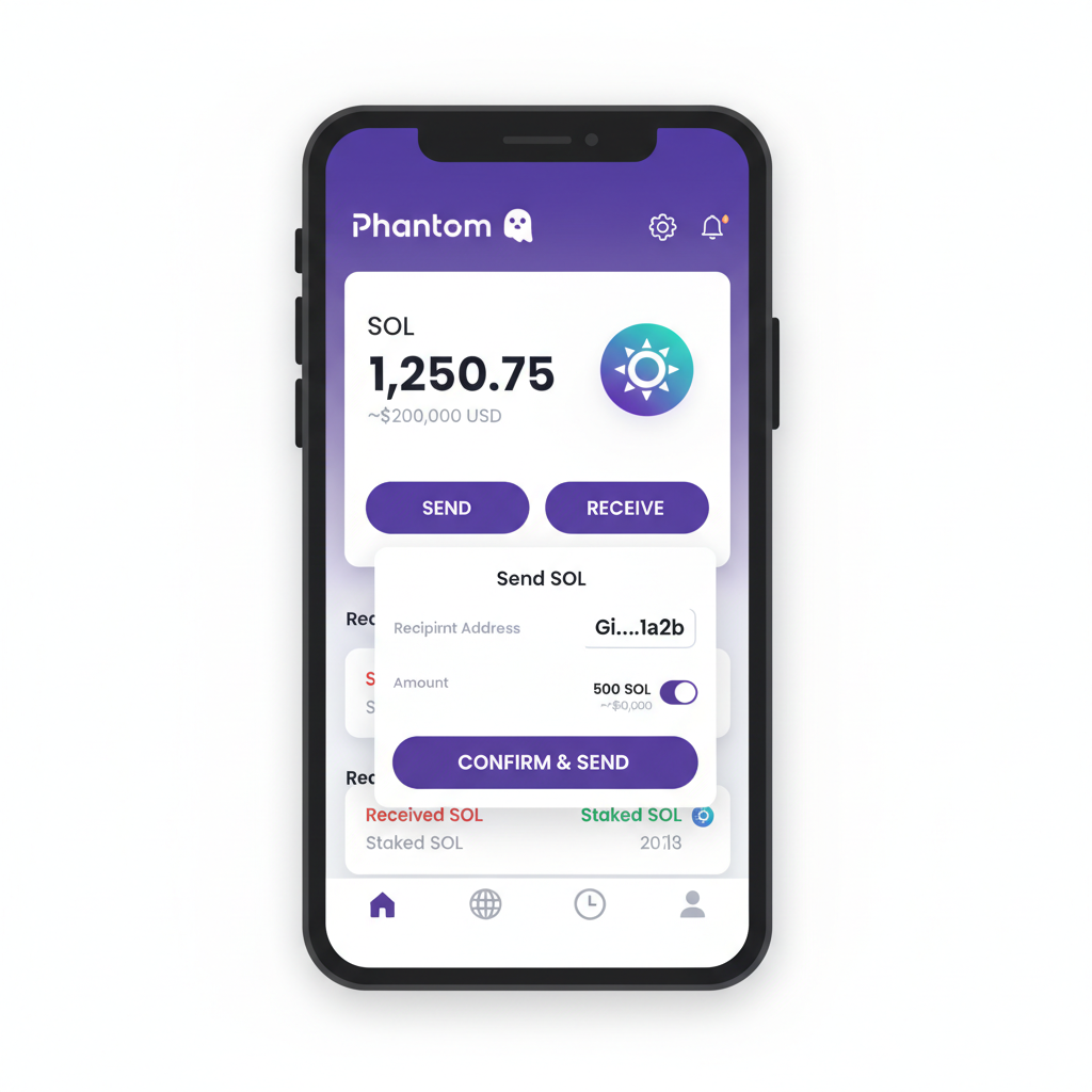 Phantom Solana wallet app on phone, SOL balance display, crypto transfer interface