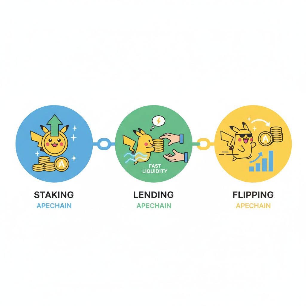 staking lending flipping icons with Pokemon Pikachu token on ApeChain, no shipping truck, fast liquidity