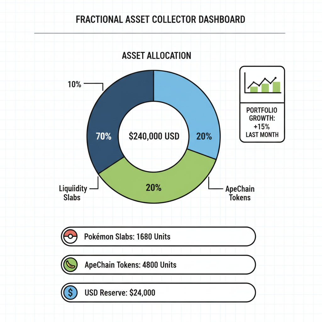 fractional shares pie chart of $240K Pokemon slab inventory, ApeChain tokens, collector dashboard