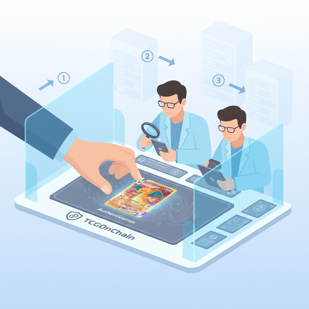 Hand submitting Pokémon card to TCGOnChain authentication desk, professional experts examining, secure process, realistic