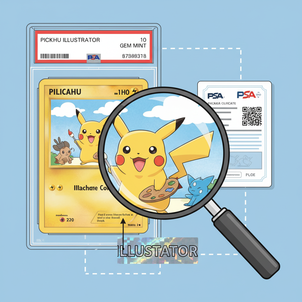 Shiny PSA 10 Pikachu Illustrator Pokemon card under magnification with PSA slab and grading certificate