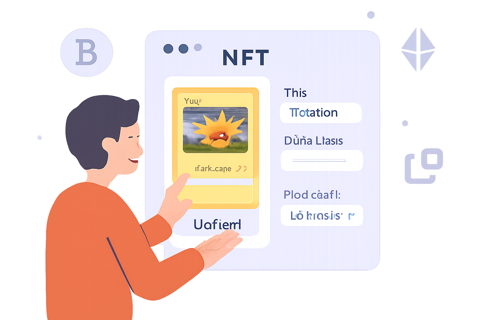 a user uploading a Pokémon card image to an NFT platform, filling in metadata fields, blockchain icons in background