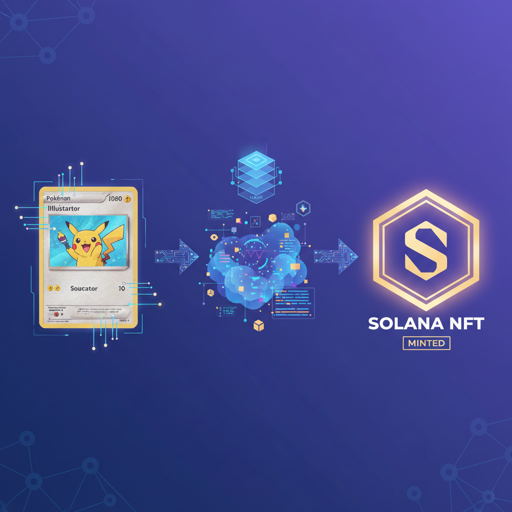digital NFT minting process on blockchain, Pokemon Illustrator card transforming into glowing Solana NFT, futuristic