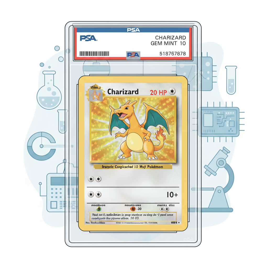 close-up of PSA graded Charizard Pokémon card in slab, professional grading lab, high detail