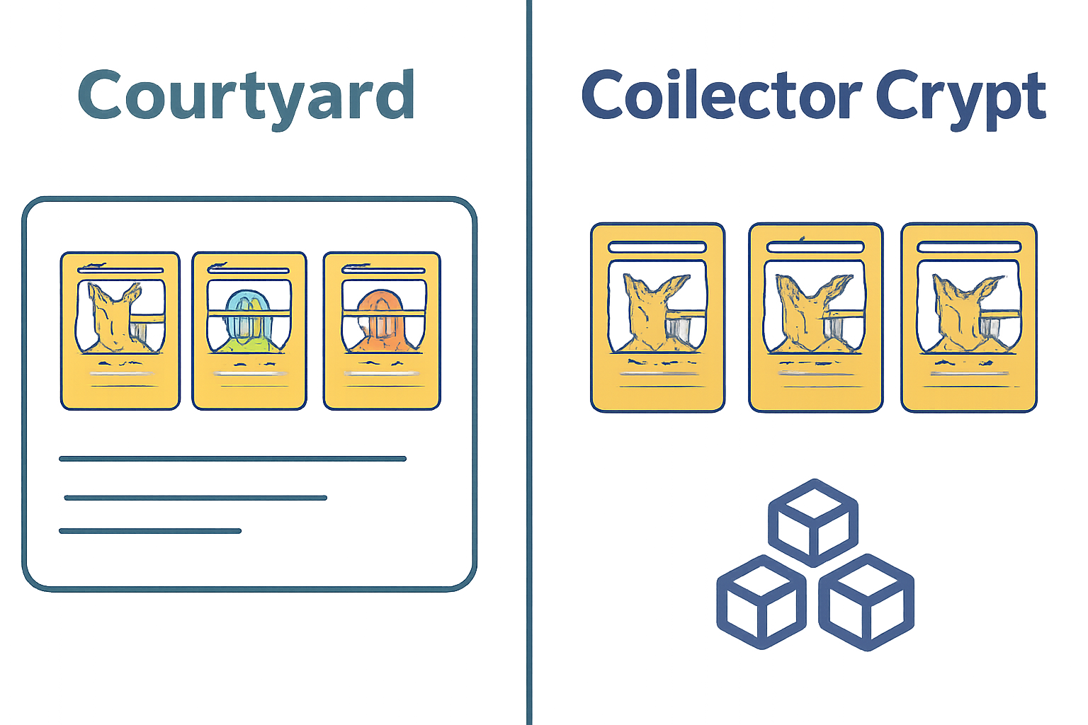A split screen showing the logos and interfaces of Courtyard and Collector Crypt, with digital Pokémon cards and blockchain symbols.