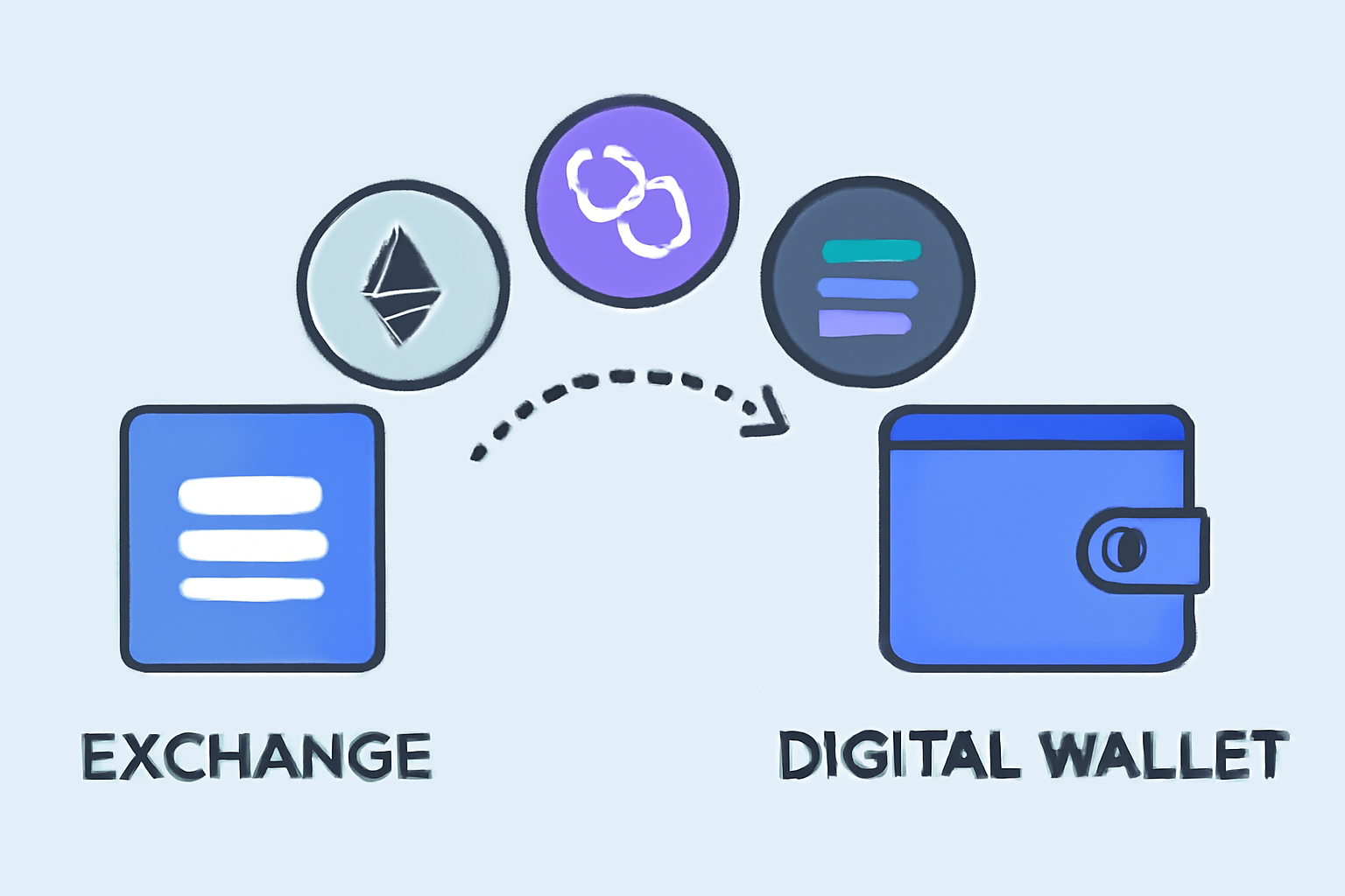cryptocurrency coins (ETH, MATIC, SOL) being transferred from an exchange to a digital wallet, digital art