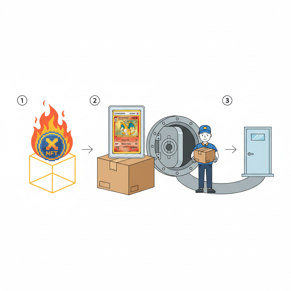 NFT burning in flames transforming into shipping box with physical Pokémon card slab, vault to door delivery