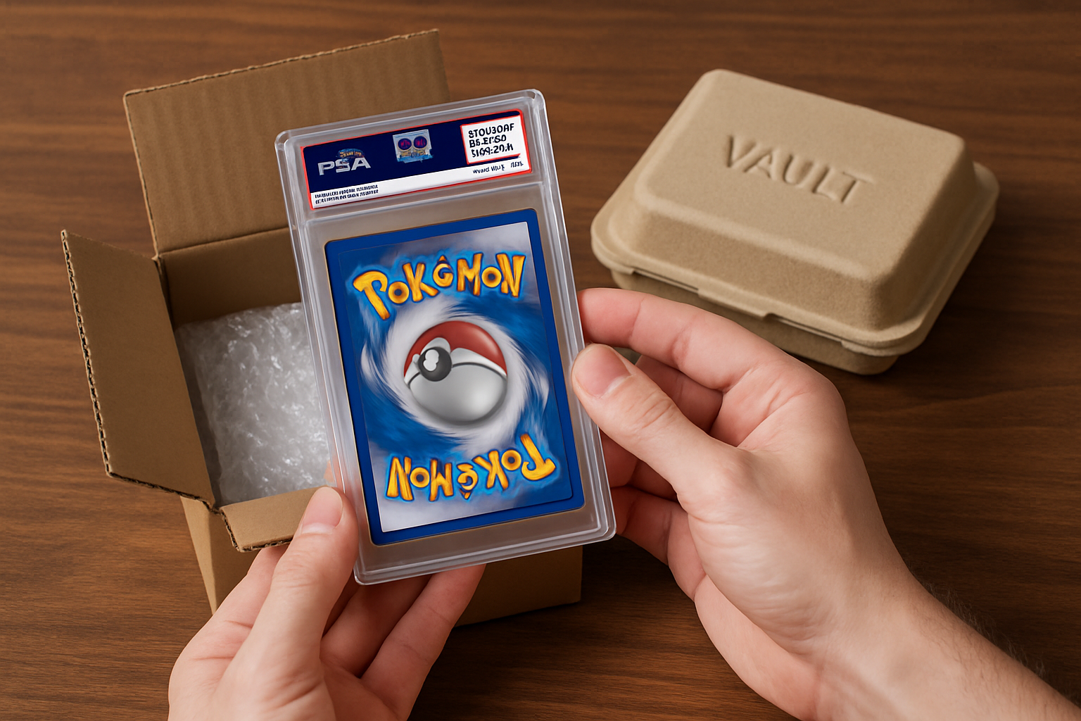 Vibrant close-up of a professionally graded Pokémon trading card being unpacked from secure vault shipping packaging, symbolizing RWA redemption for tokenized NFTs on Solana blockchain like TCGOnChain