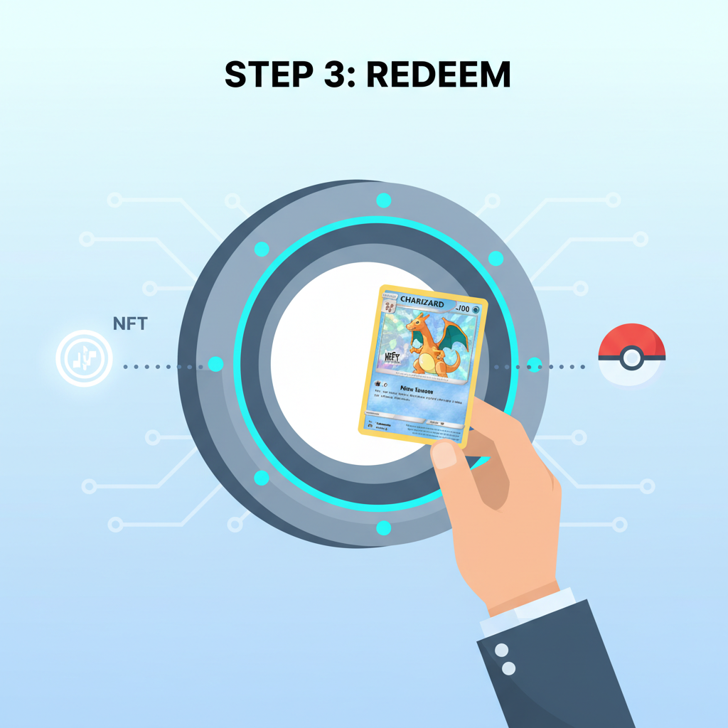 redeeming NFT for physical Pokémon card, vault opening with holographic card emerging