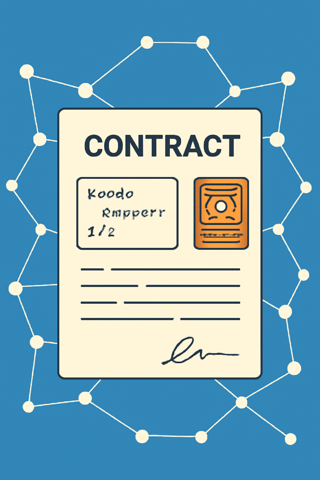 A digital contract document with code snippets and a Pokémon card icon, set against a blockchain network.
