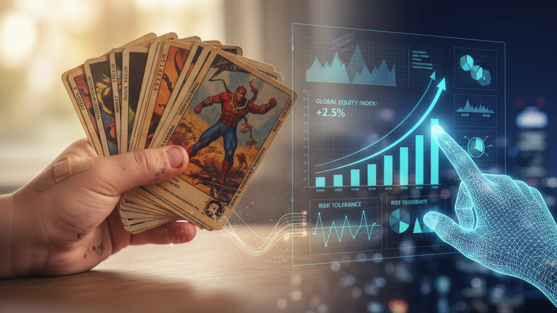 Vibrant PSA 10 graded Charizard Pokémon card transforming into glowing NFT on TCGOnChain platform, illustrating tokenization of real-world assets RWAs