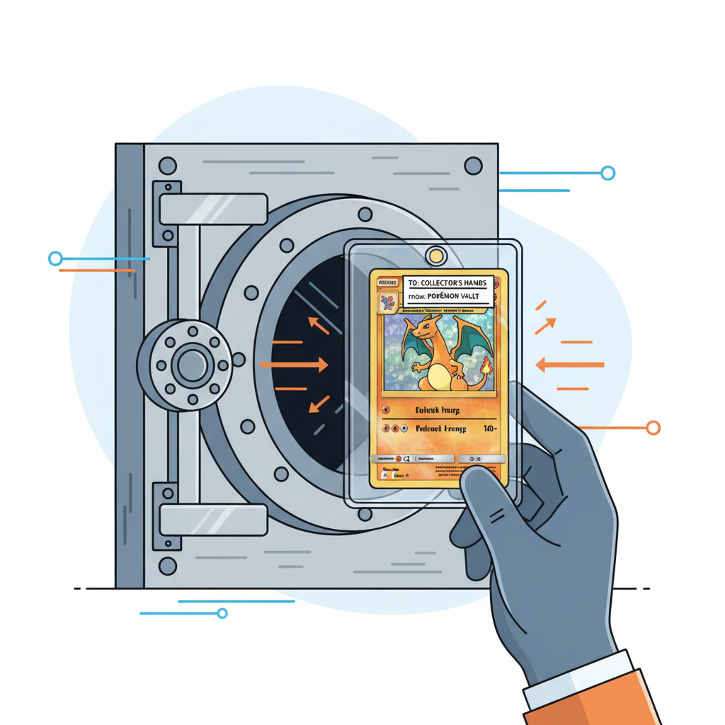 physical Pokémon card being shipped out of vault back to collector's hands