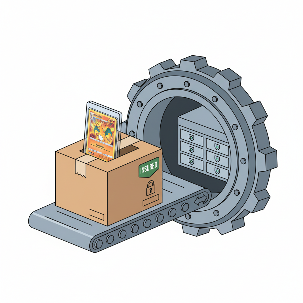 Secure shipping box with insured Pokémon card to vault, protective packaging, professional