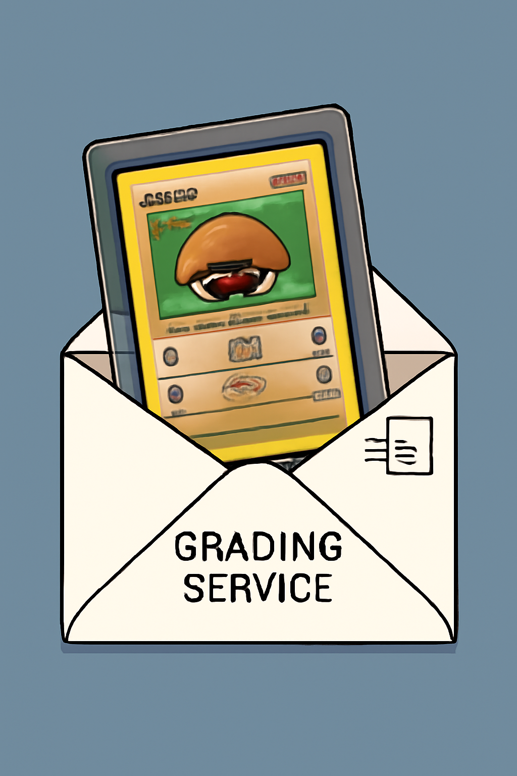 Kabuto Pokémon card in protective sleeve being mailed to grading service, clean professional setup