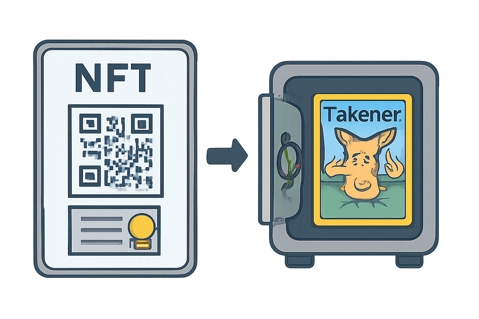 a digital NFT card with a QR code and certificate icon, linked visually to a physical Pokémon card in a vault