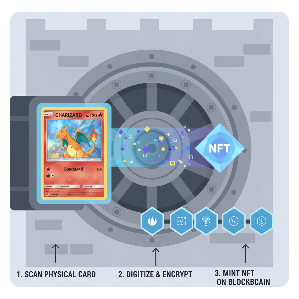 digital minting process, physical Pokémon card transforming into glowing NFT on blockchain, vault background