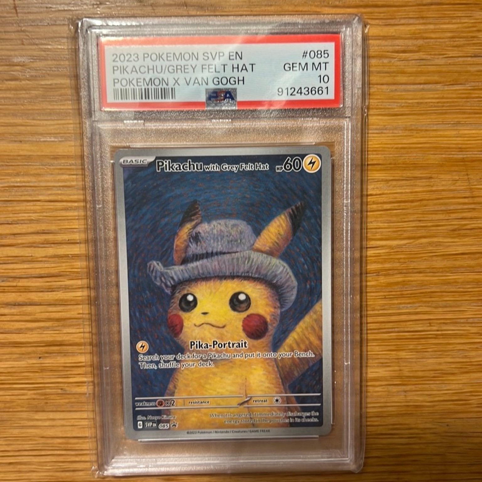 PSA 10 graded Pikachu with Grey Felt Hat Pokémon card from Van Gogh Museum collaboration, showcasing artistic Van Gogh-inspired design in protective slab