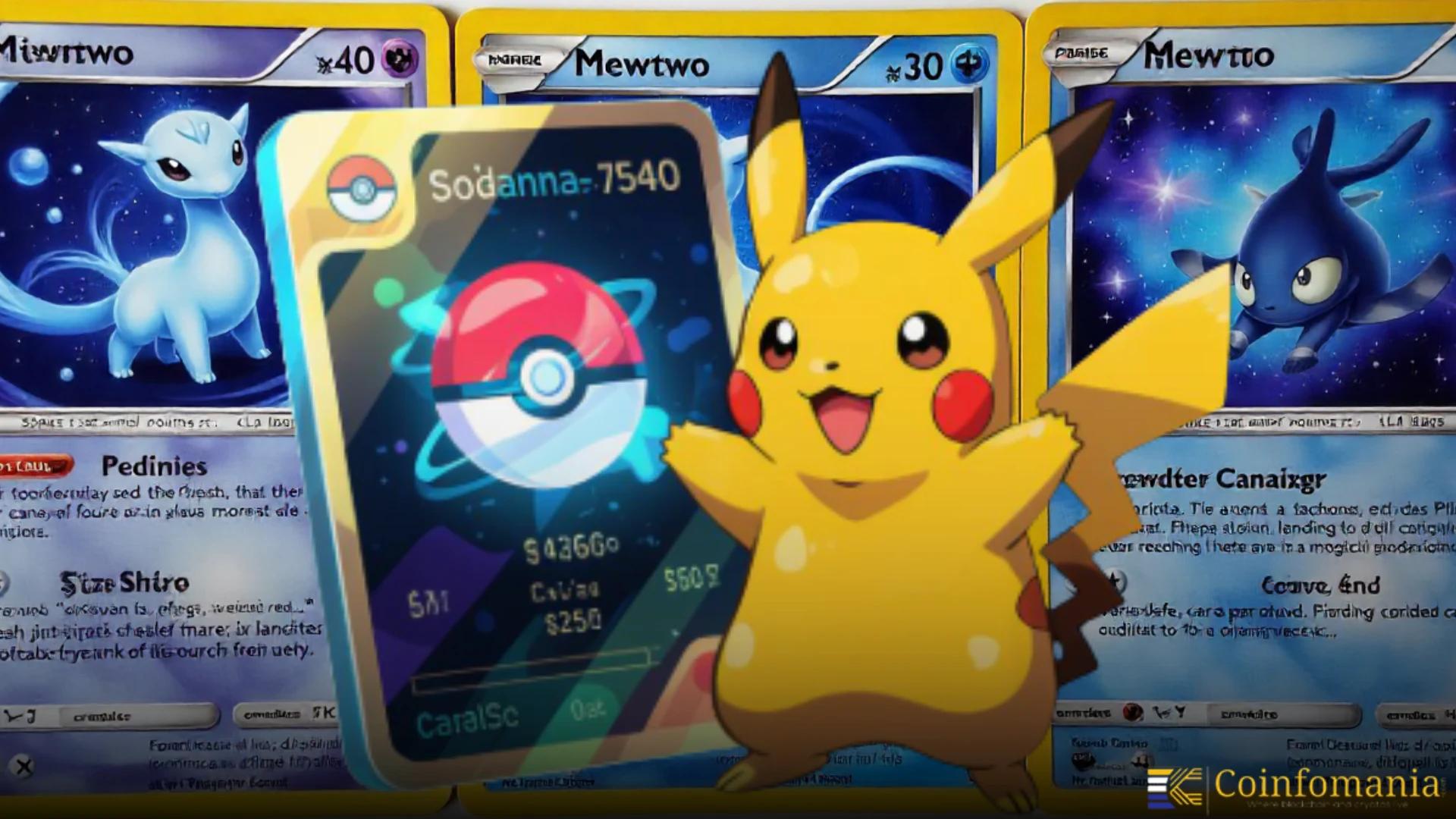 Dynamic dashboard displaying real-time trading of tokenized Pokémon cards as digital assets in 2025