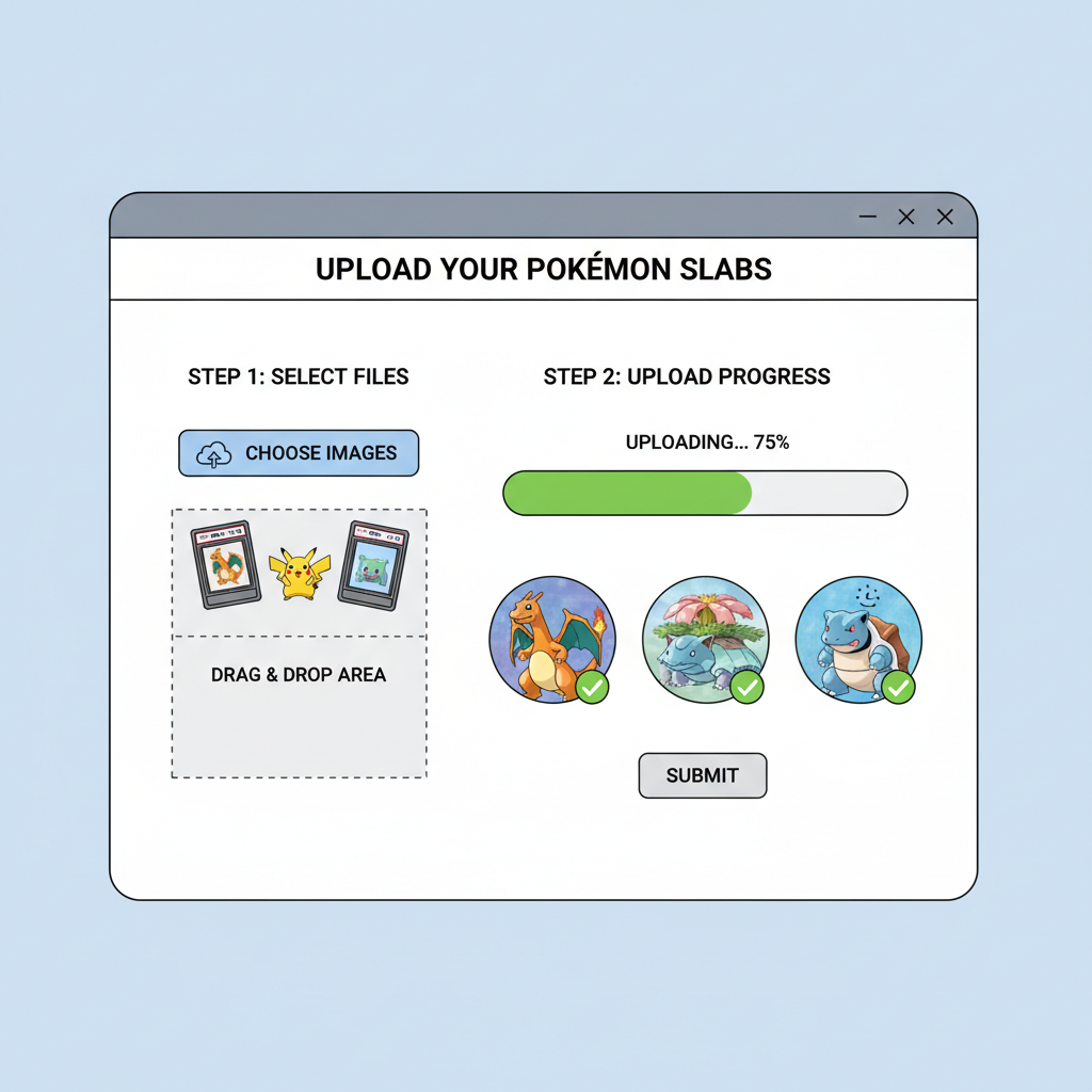 uploading Pokemon card images to web form, progress bar, high-res slab photos, intuitive UI