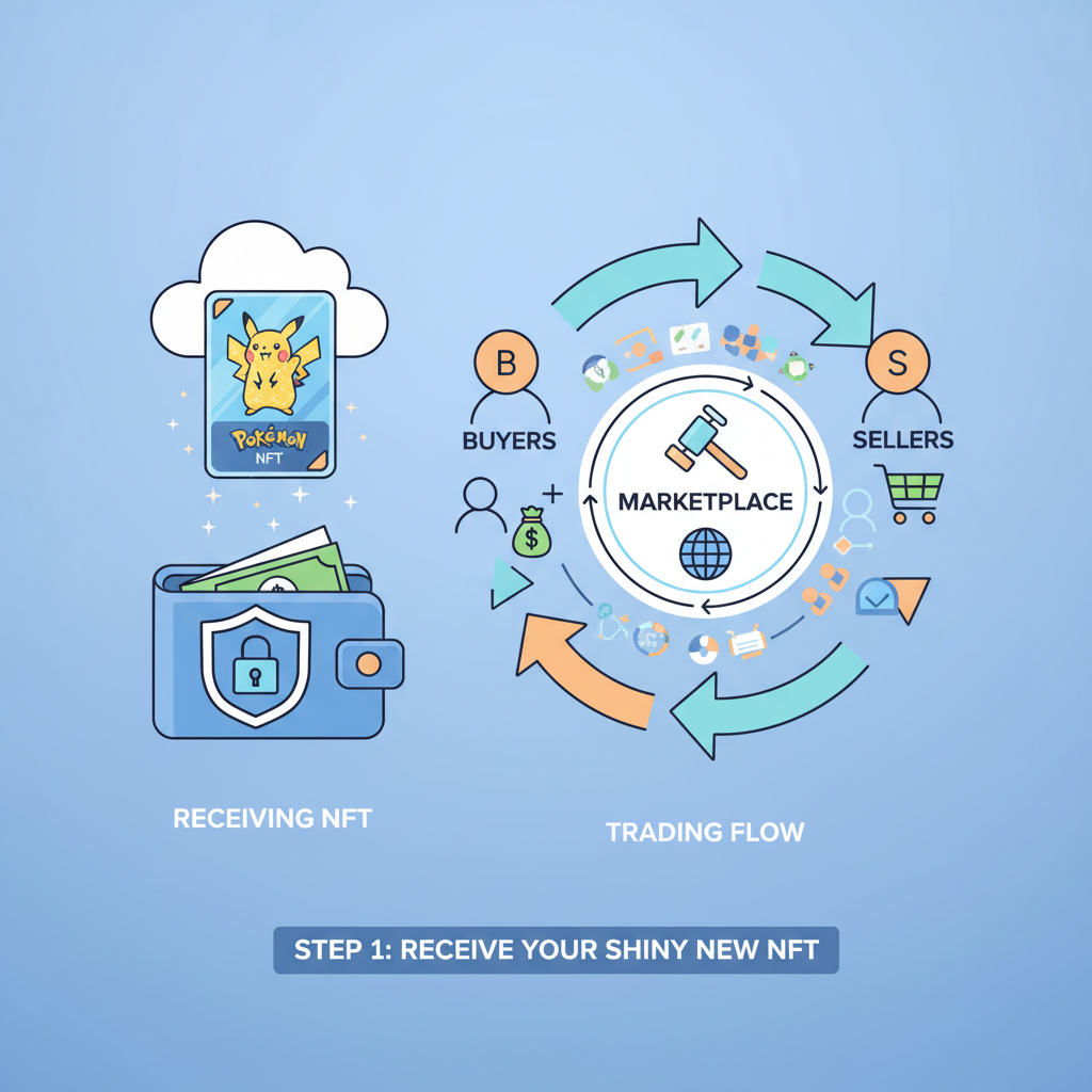 crypto wallet receiving shiny Pokémon NFT, trading flow arrows between buyers, marketplace bustle