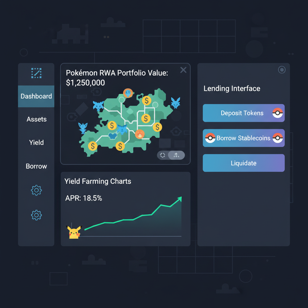 dashboard monitoring Pokémon RWA portfolio, yield farming charts, lending interface glow