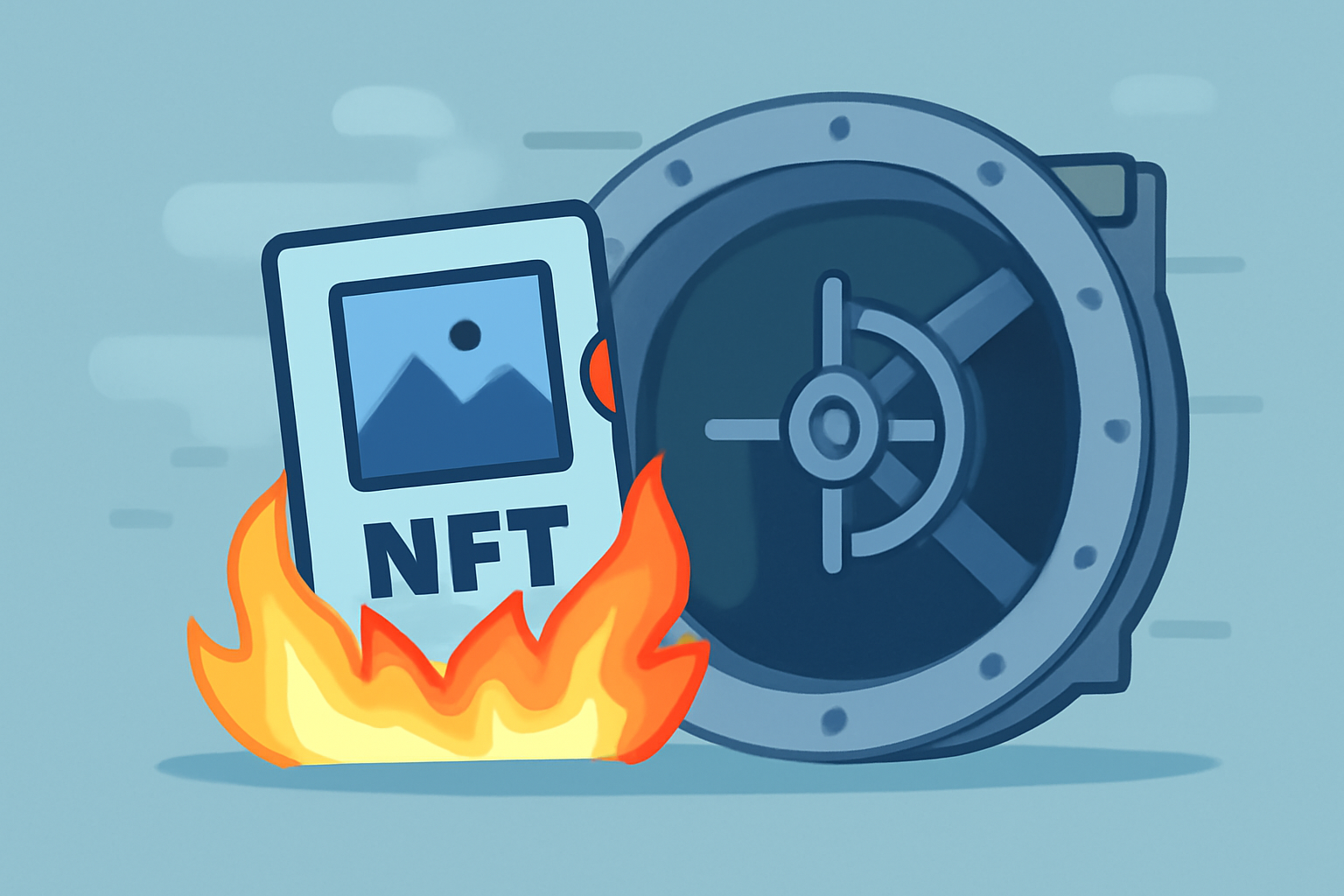 A digital animation of an NFT card being burned or disappearing, with a vault door opening in the background.