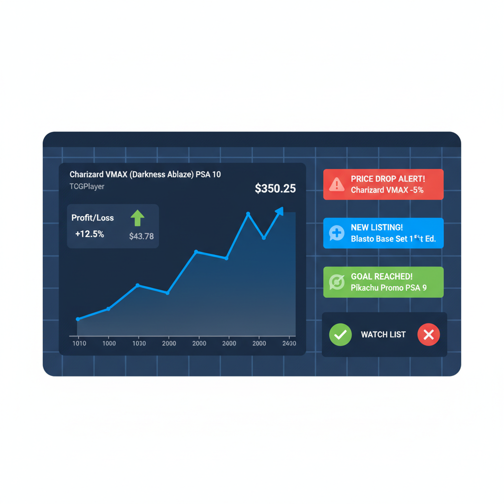 Dashboard monitoring screen with Pokémon card price chart from TCGPlayer, alerts popping up, profit/loss indicators
