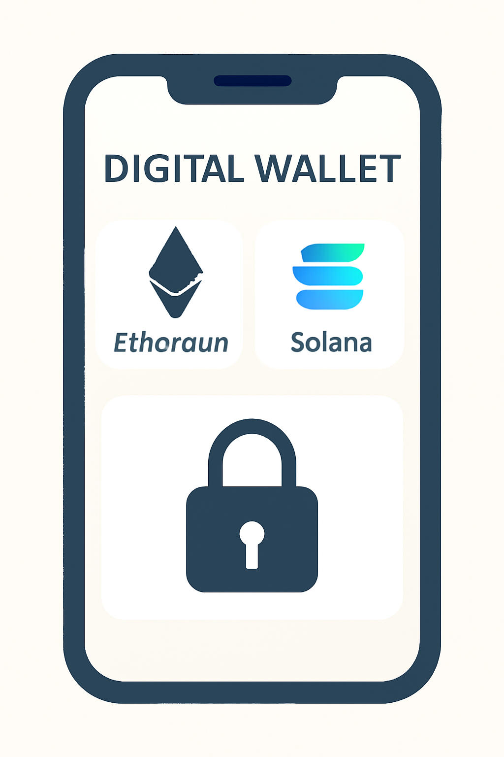 a digital wallet app open on a smartphone, showing Ethereum and Solana icons, with a secure lock symbol