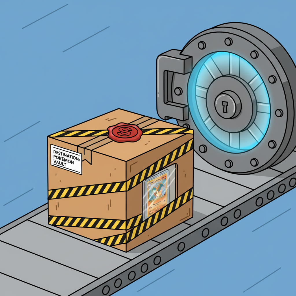 secure shipping package with graded Pokemon card heading to vault