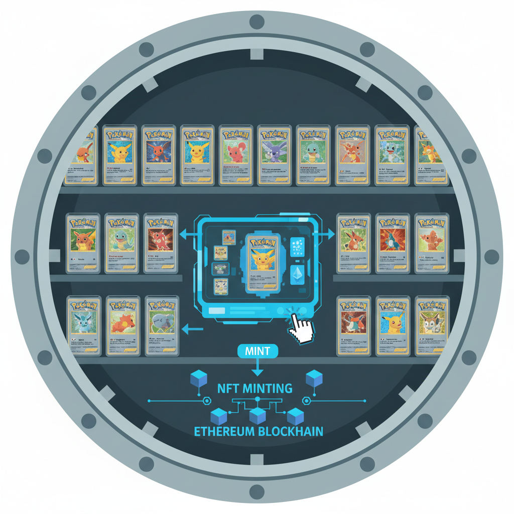 Secure vault storing slabbed Pokémon cards, NFT minting on blockchain