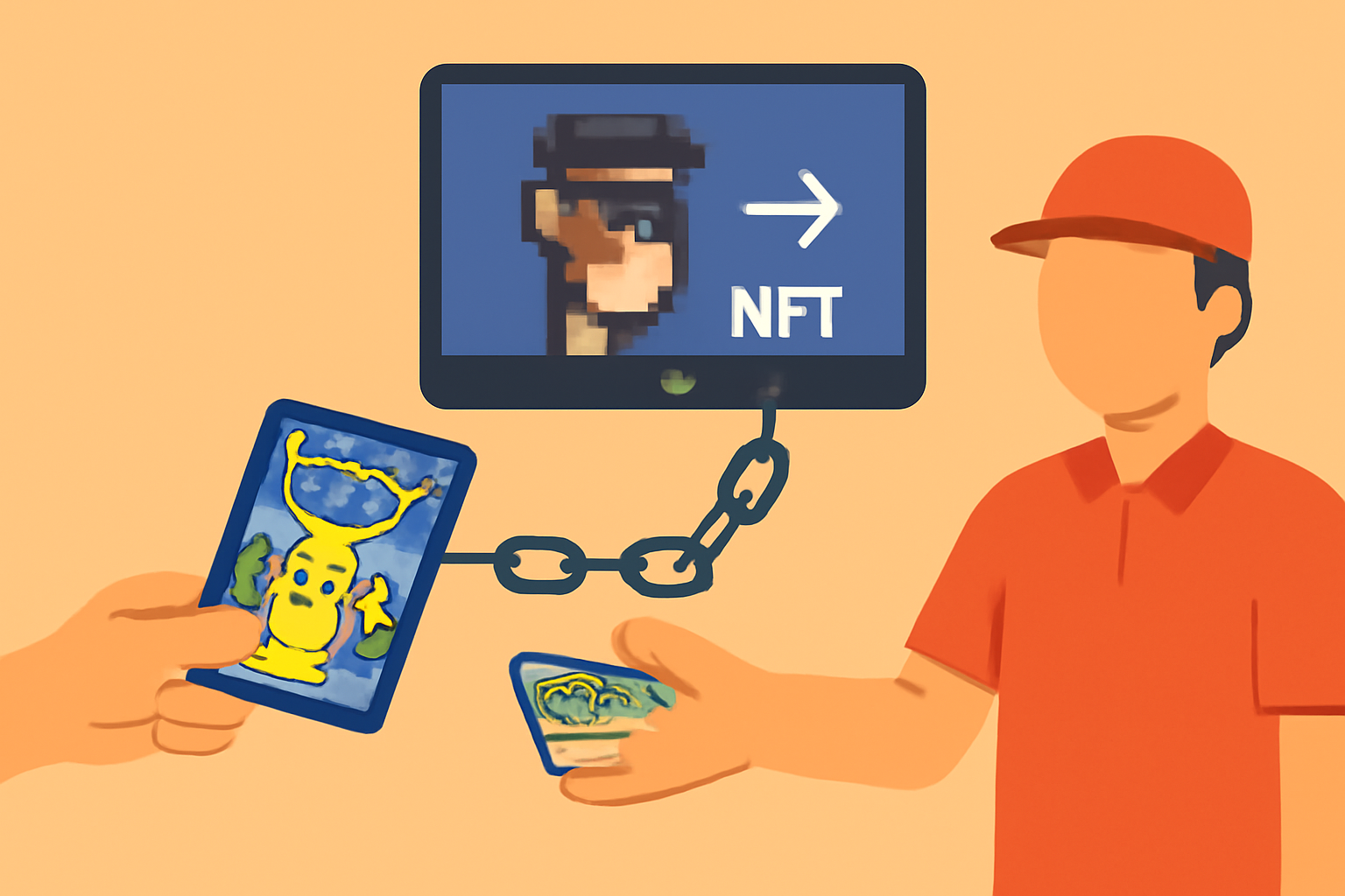 a hand passing a Pokémon card to a courier, while a digital NFT transfers on a screen, both connected by a chain