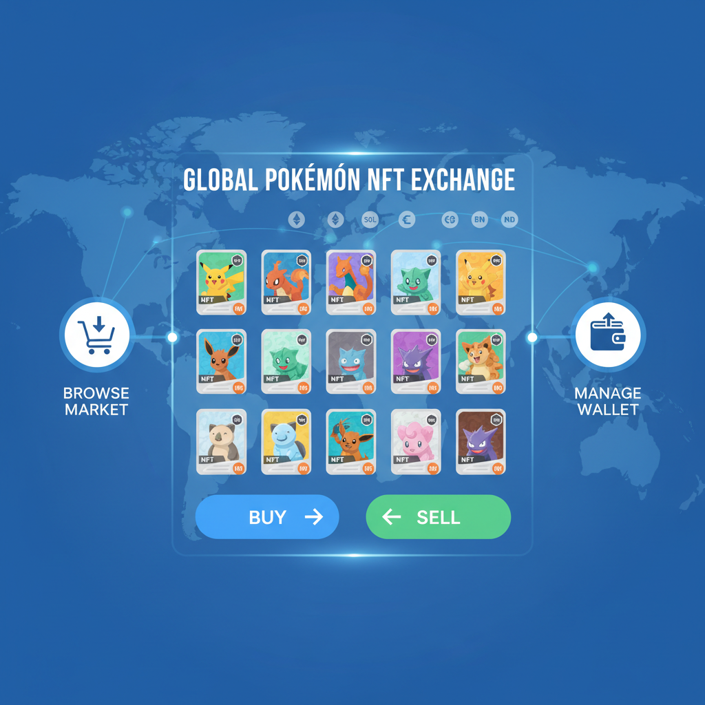 Digital marketplace trading Pokemon NFT cards, global map background, buy sell buttons, vibrant trading interface