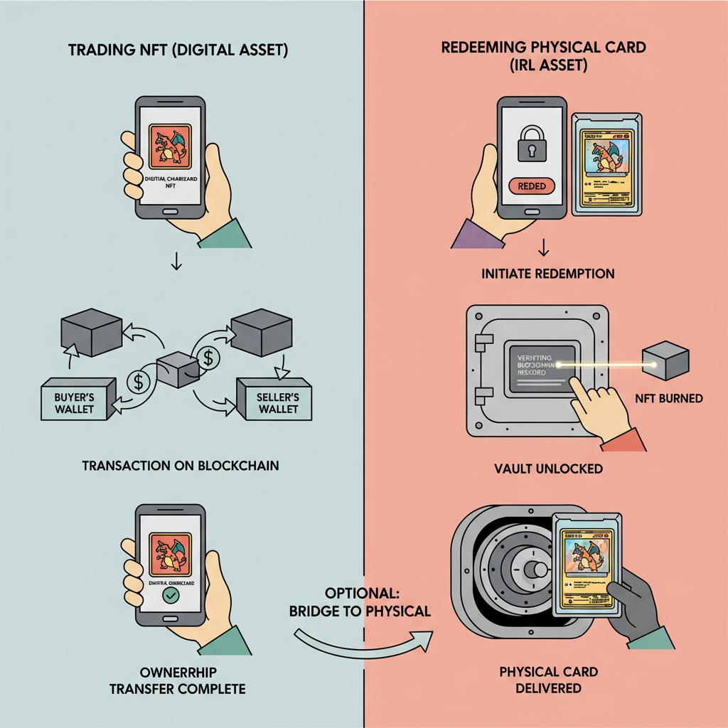 split image trading NFT vs redeeming physical Charizard card from vault, blockchain flow