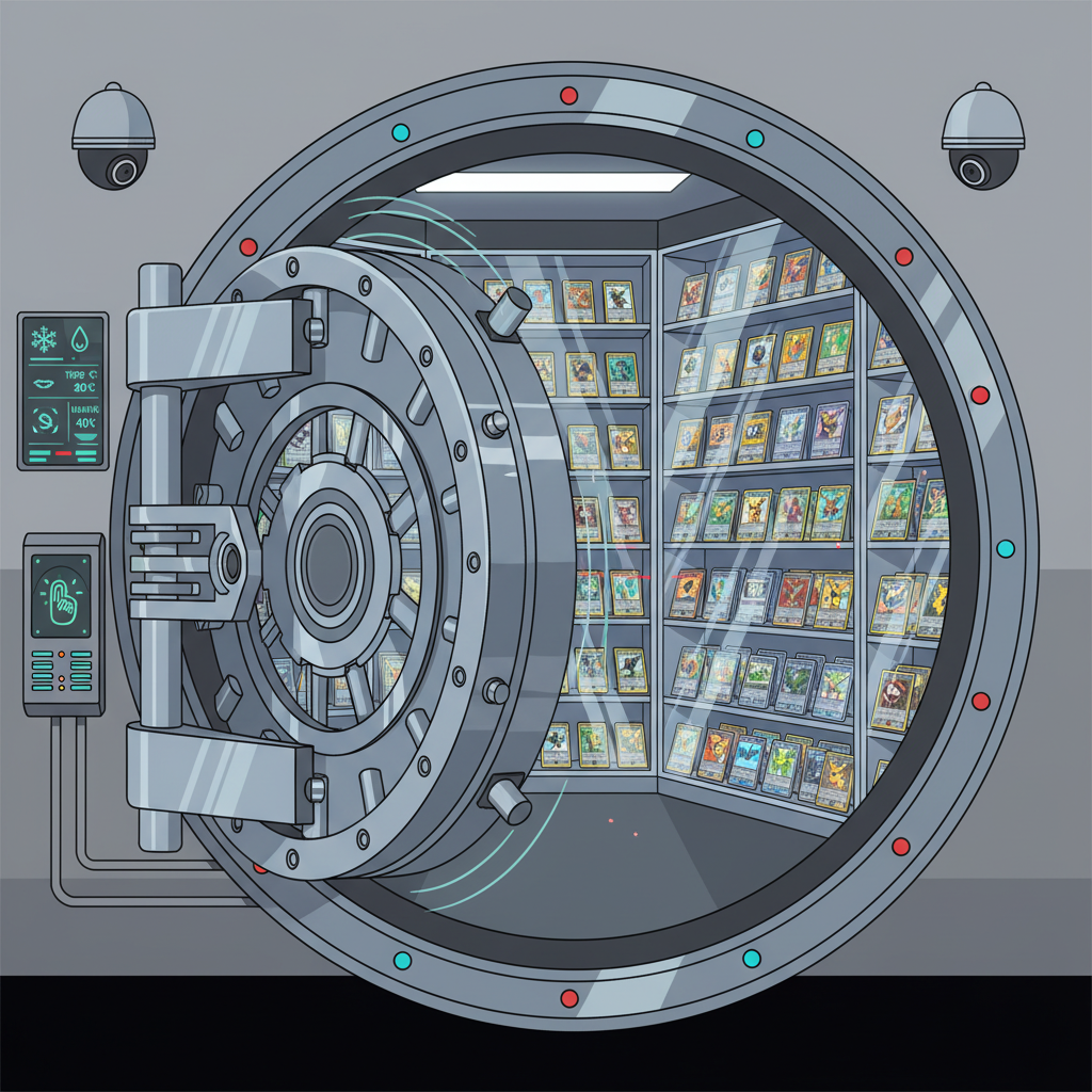 high-security vault door opening to reveal shelves of protected Pokémon cards in slabs, surveillance cameras, climate control panels, futuristic secure storage