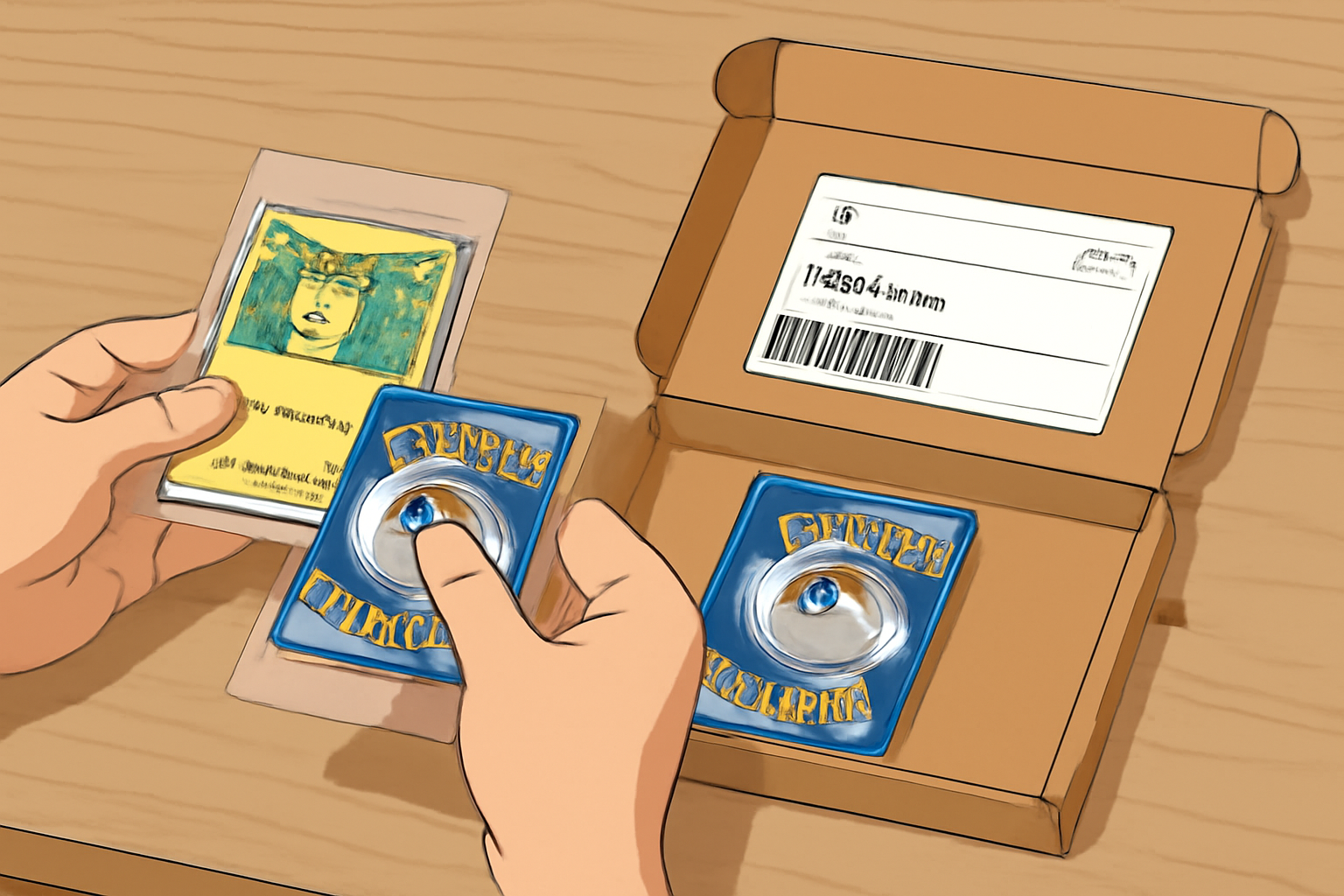 person securely packaging rare Pokémon trading cards in protective sleeves and mailer box, shipping label to TCGOnChain, detailed, realistic