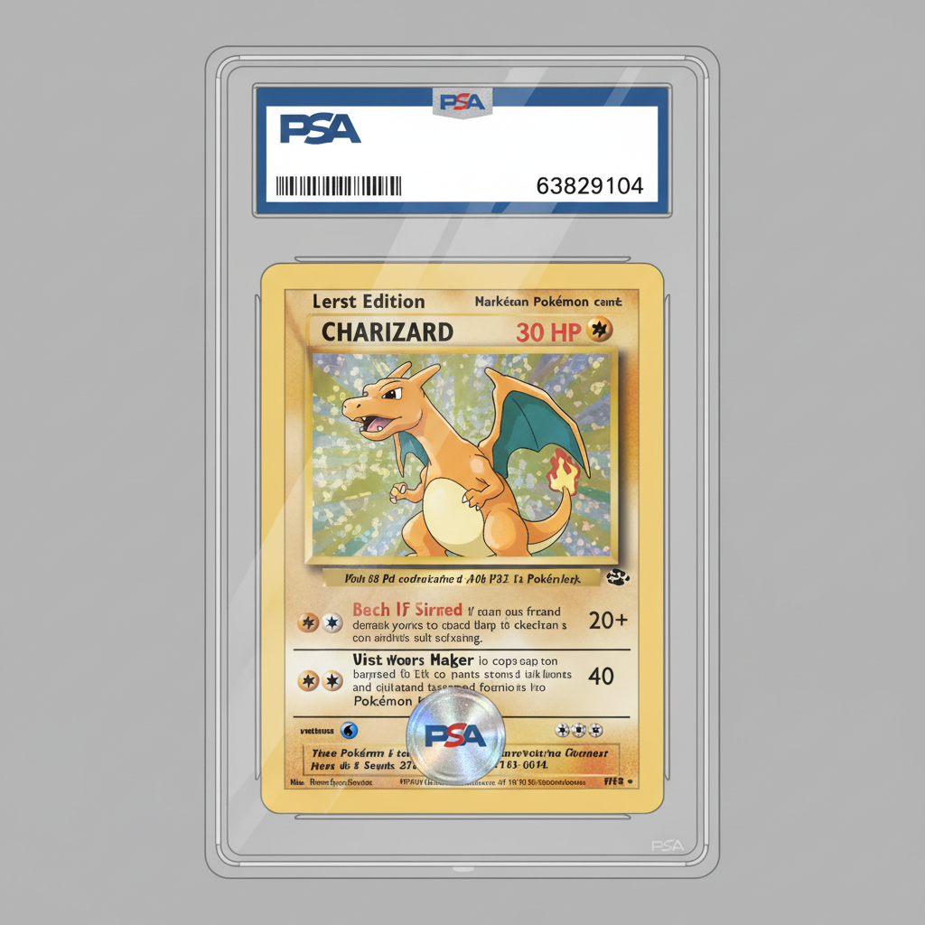 close-up PSA graded Pokémon card slab with serial number and holographic label, professional lighting, high detail