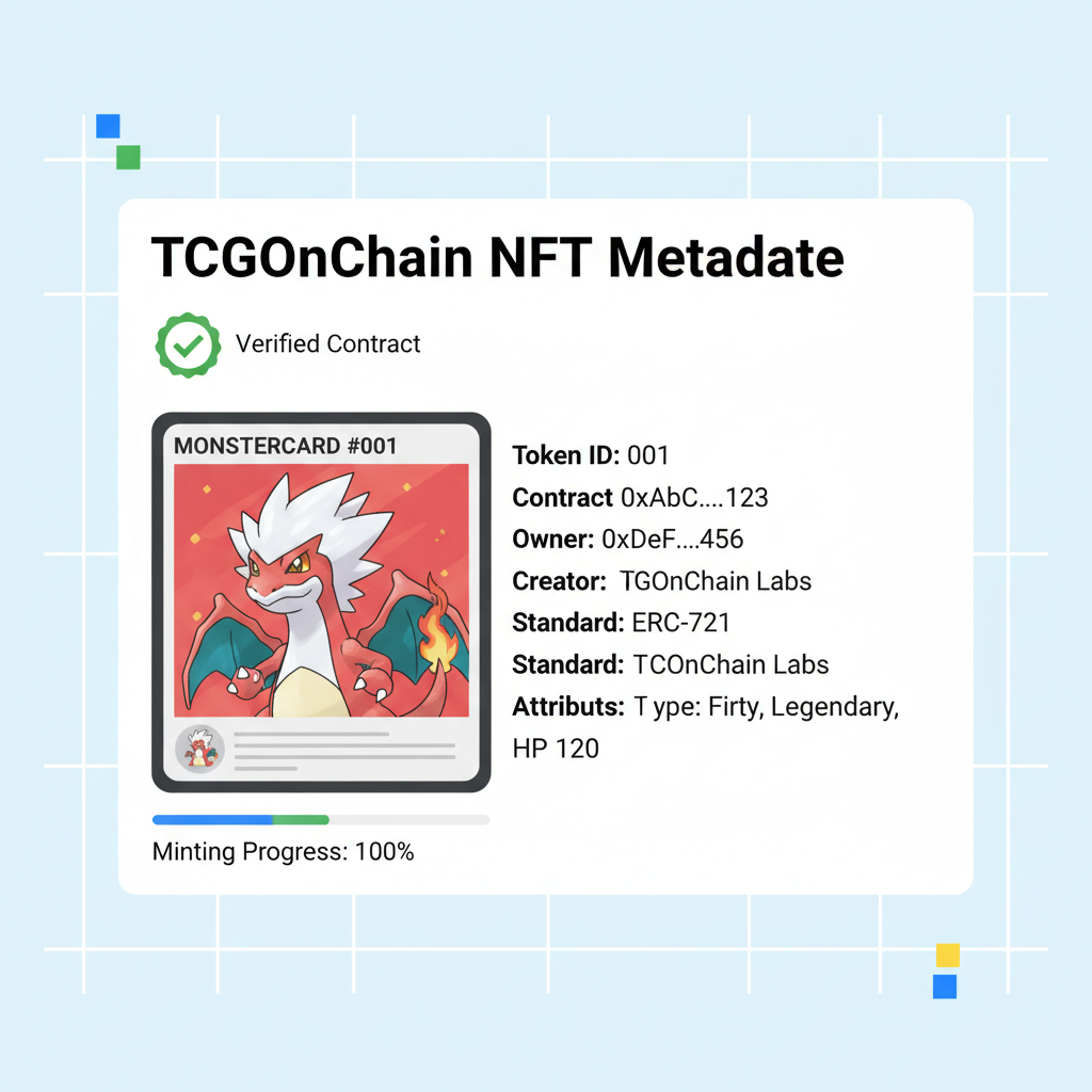 blockchain explorer interface displaying TCGOnChain NFT metadata, green verified badge, Pokémon card image