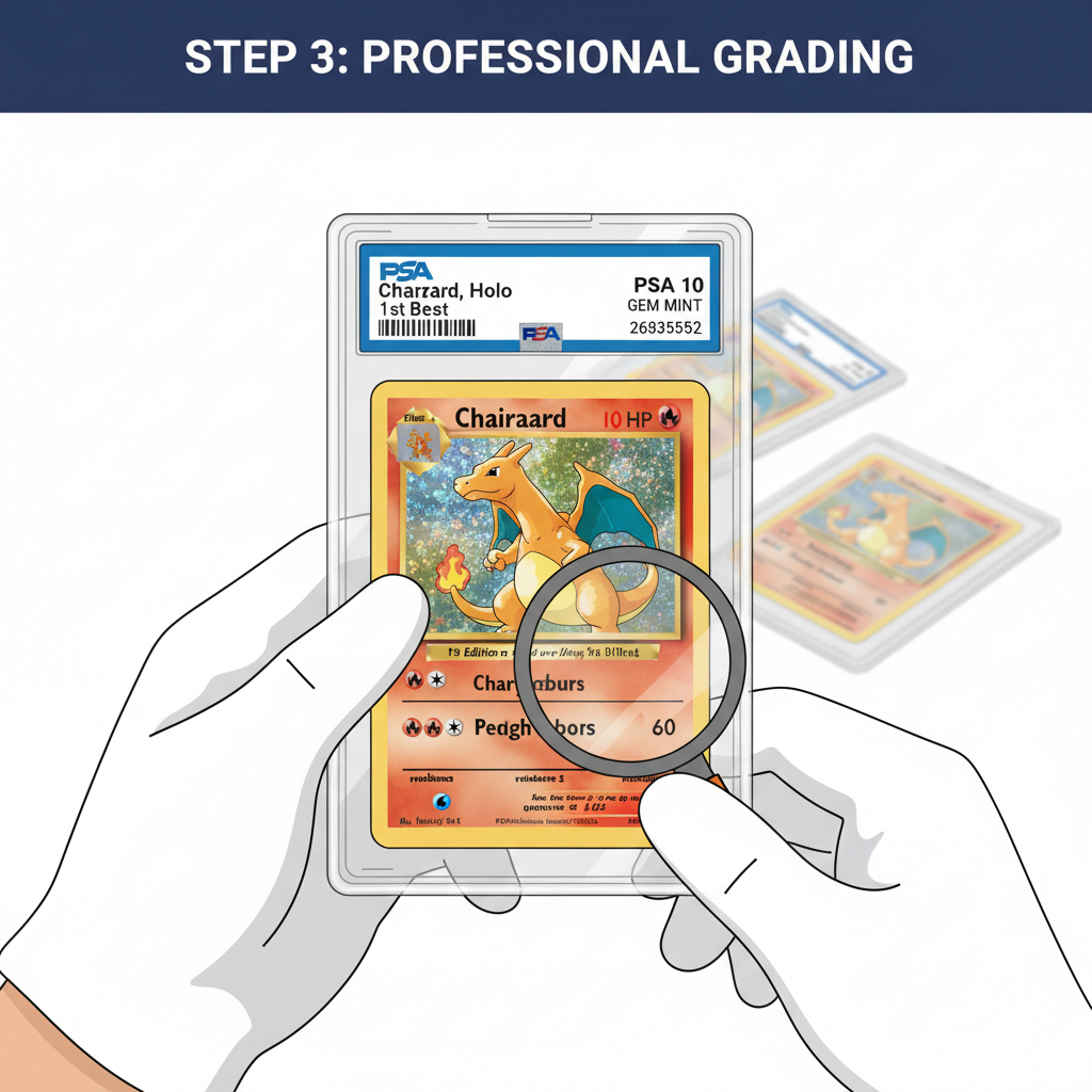 Professional PSA grading of rare Pokémon card in slab, detailed close-up, realistic lighting