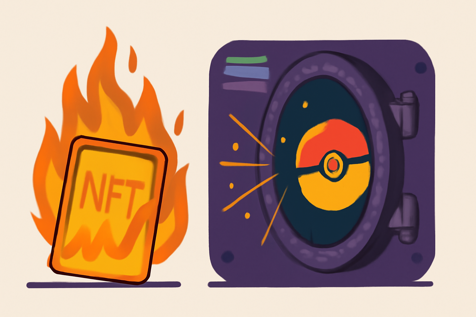 Dynamic scene of NFT burning in flames, physical Pokémon card vault door opening, sparks and excitement, Solana blockchain vibe