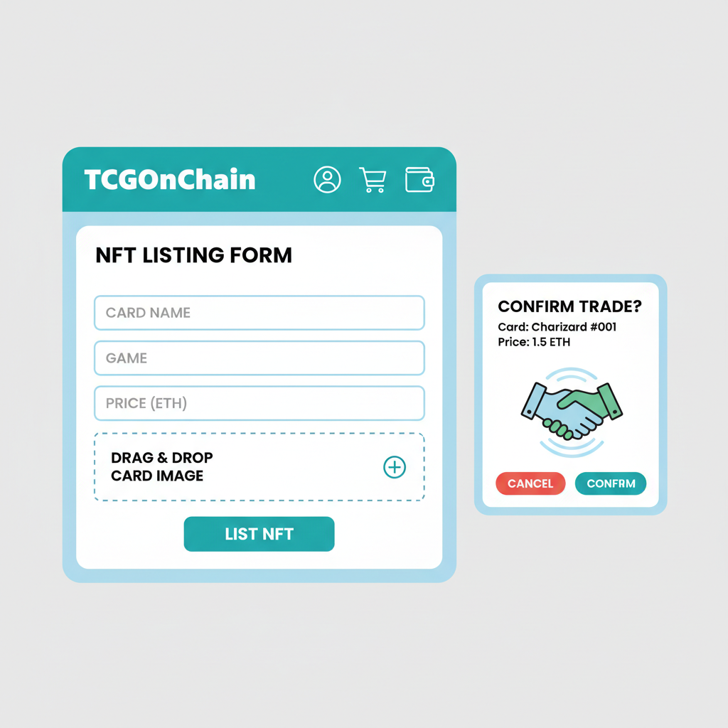 TCGOnChain marketplace UI with NFT listing form and trade confirmation popup, successful handshake animation