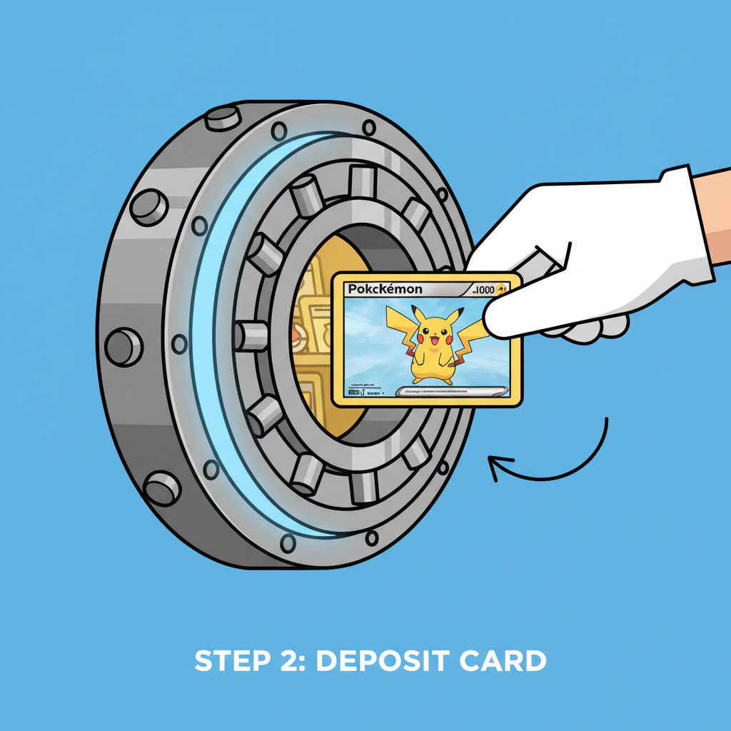 secure vault door opening with Pokémon card being deposited inside