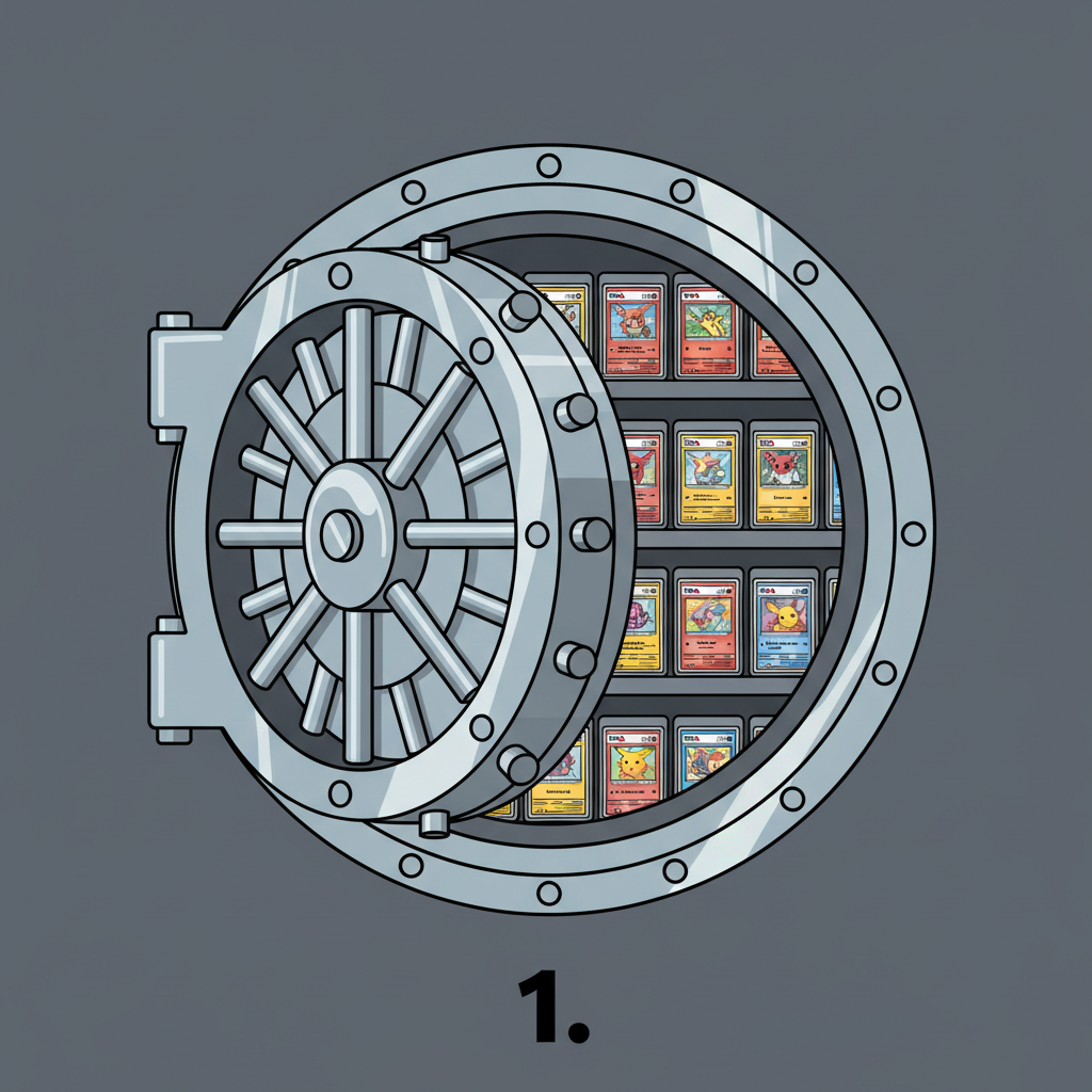 High-security vault door opening to reveal stored PSA graded Pokemon cards in protective cases
