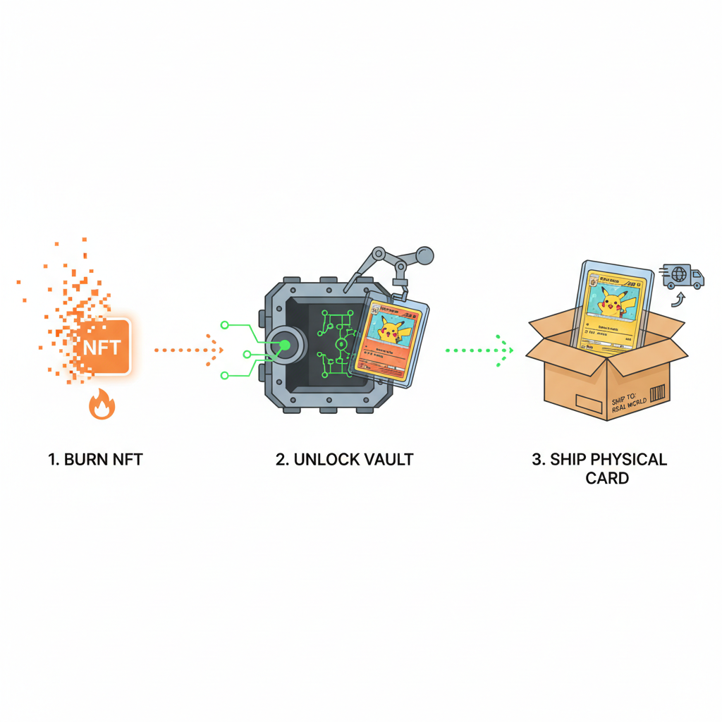 burning NFT animation releasing physical Pokémon card from vault for shipping, blockchain to real world transition