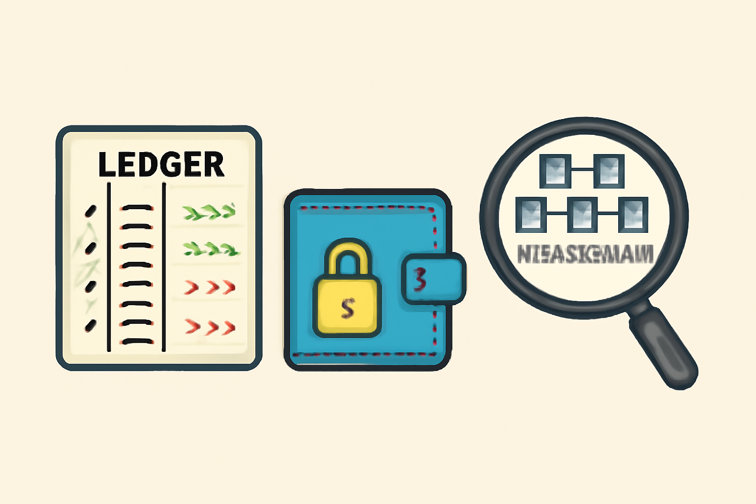 a ledger with transaction records, a secure digital wallet, and a magnifying glass over blockchain data