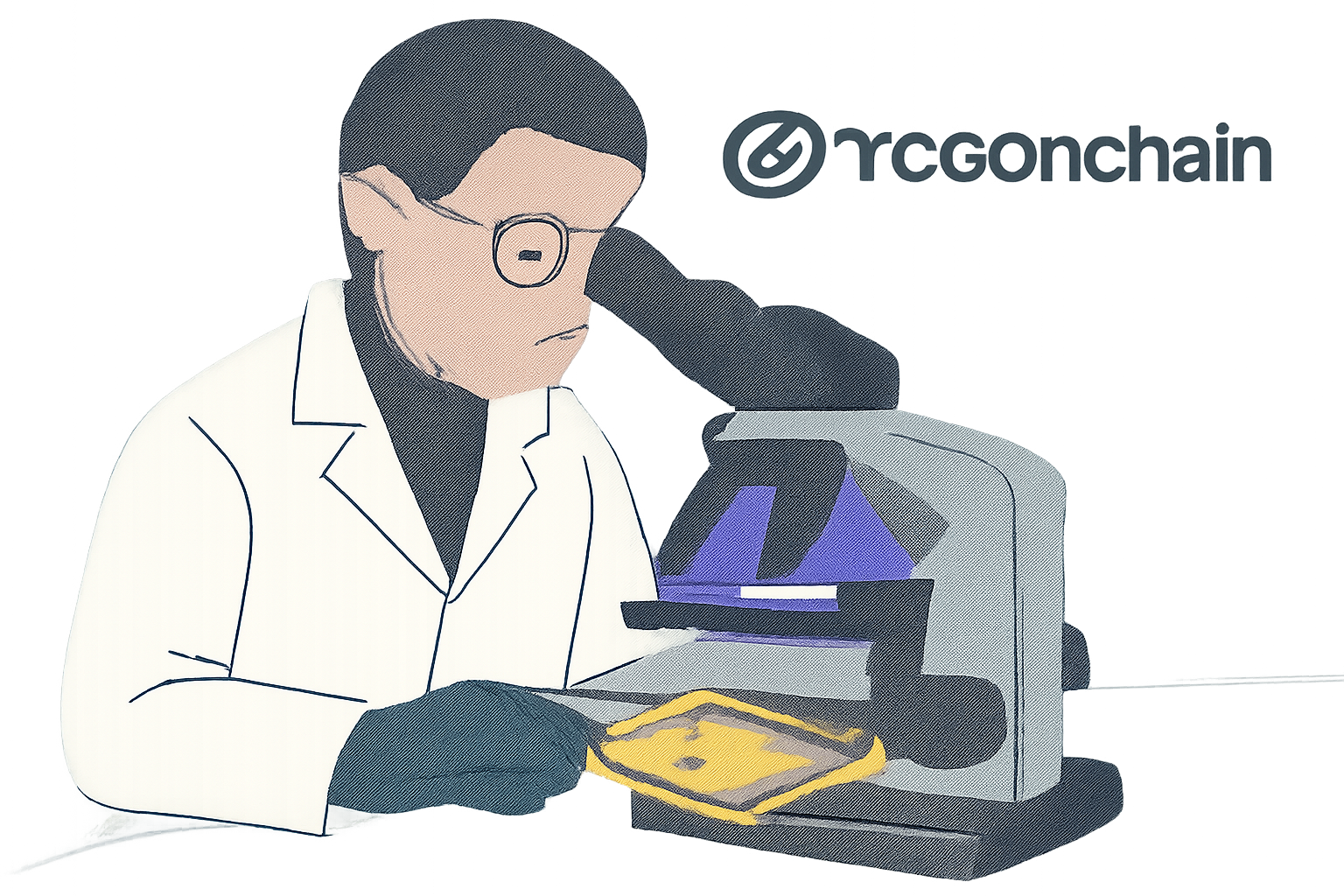 expert authenticator examining Pokémon card under microscope and UV light in lab, TCGOnChain logo, precise and professional