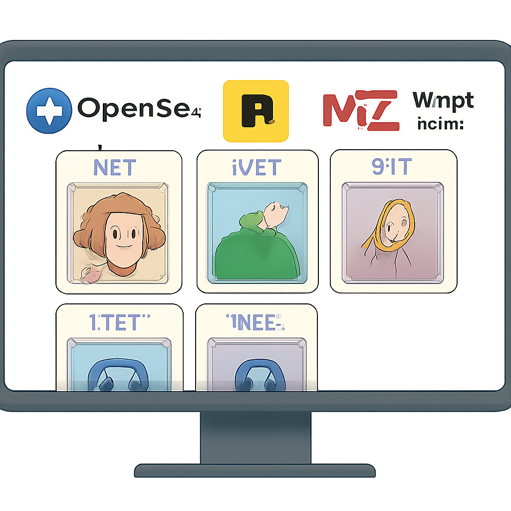 a computer screen displaying OpenSea, Rarible, and Magic Eden logos with NFT cards on display